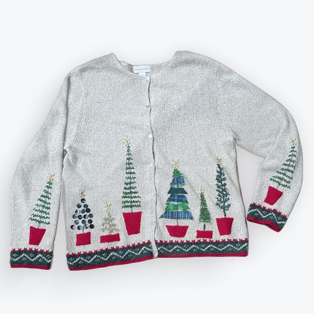 Artisan Christmas Trees Embellished Shell Buttoned Linen Blend Cardigan ~ M
